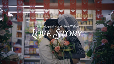 image man and woman holding flowers embracing, Cinematography by Andrew Wedhe "Love Story"